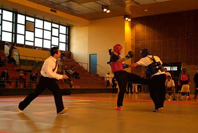 Two Chinese Sanda style kickboxers compete during a tournament.