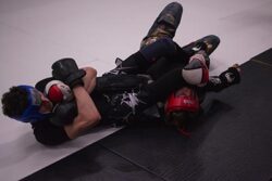 Two MMA fighters sparring on the mats.