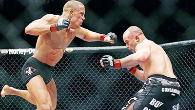 George St-Pierre popularised the Superman punch and here he uses it against Matt Serra.