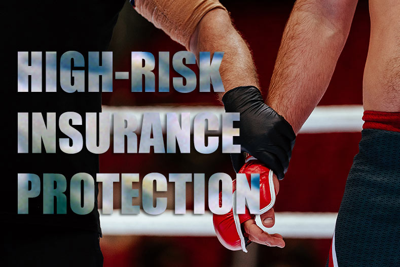 Hands of referee and mma fighter with high risk insurance protection.