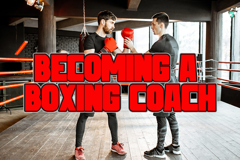 A boxing coach works with a man inside the boxing gym