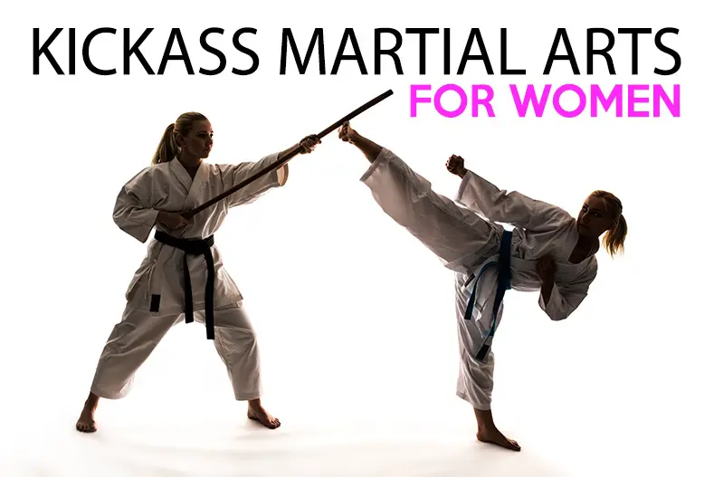 Two women train in martial arts using a stick.